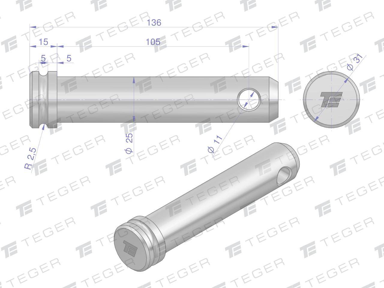Sworzeń łącznika górnego 25x105x136 teger Sworzeń łącznika górnego 25x105x136 teger - obrazek 3