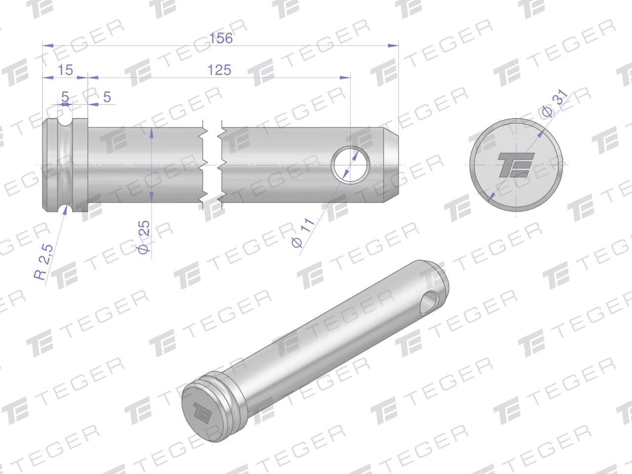 Sworzeń łącznika górnego 25x125x156 teger Sworzeń łącznika górnego 25x125x156 teger - obrazek 3