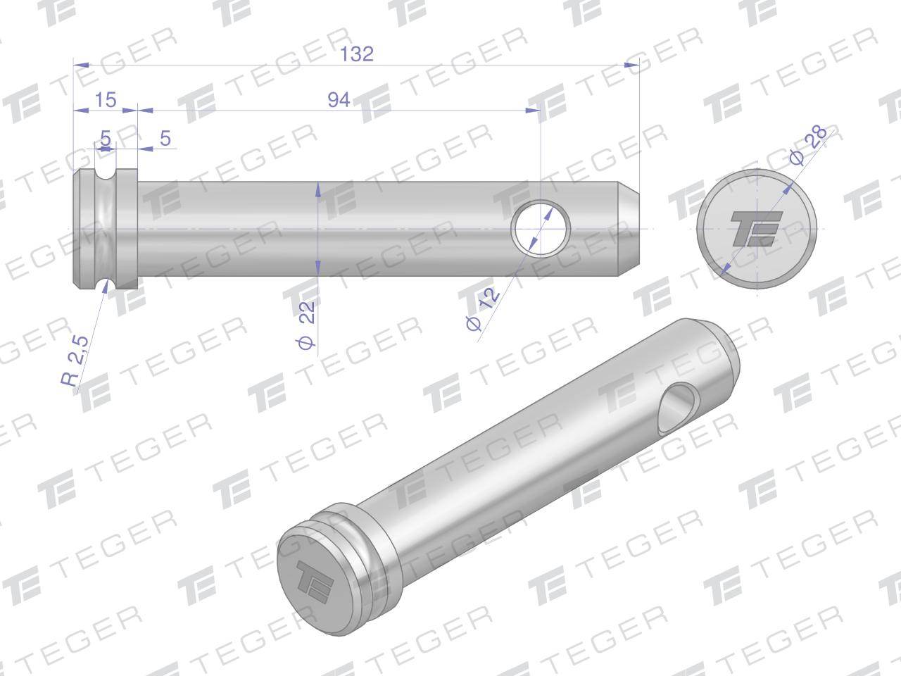 Sworzeń łącznika górnego 22x94x132 teger Sworzeń łącznika górnego 22x94x132 teger - obrazek 3