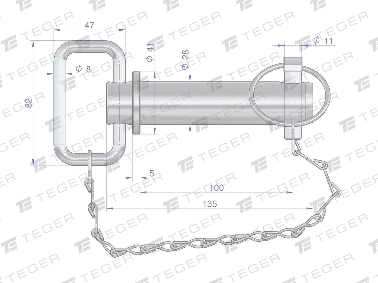 Sworzeń zaczepu z zawleczką i łańcuchem 28x100x127 teger Sworzeń zaczepu z zawleczką i łańcuchem 28x100x127 teger - obrazek 3
