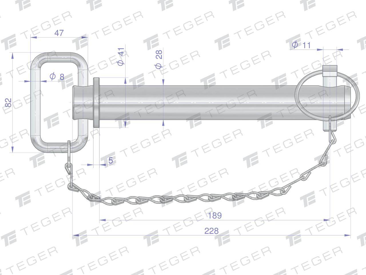 Sworzeń zaczepu z zawleczką i łańcuchem 28x189x228 teger Sworzeń zaczepu z zawleczką i łańcuchem 28x189x228 teger - obrazek 3