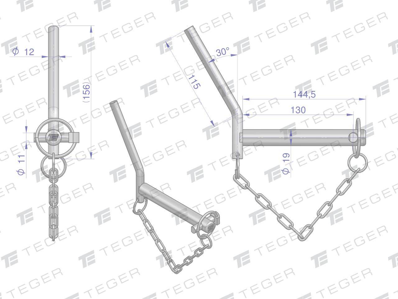 Sworzeń zaczepu z wygiętym uchwytem 19x130 teger Sworzeń zaczepu z wygiętym uchwytem 19x130 teger - obrazek 3