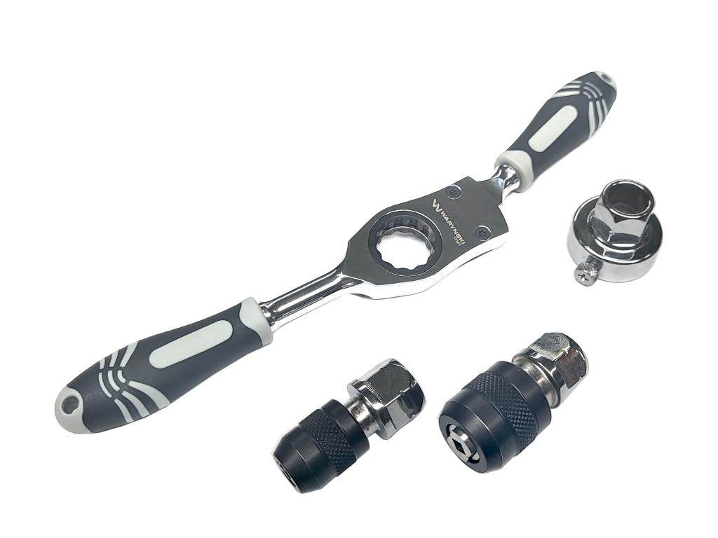 Zestaw grzechotka z oprawką do narzynek 25mm i uchwytami do gwintowników m3-m12 ze stali crmo waryński