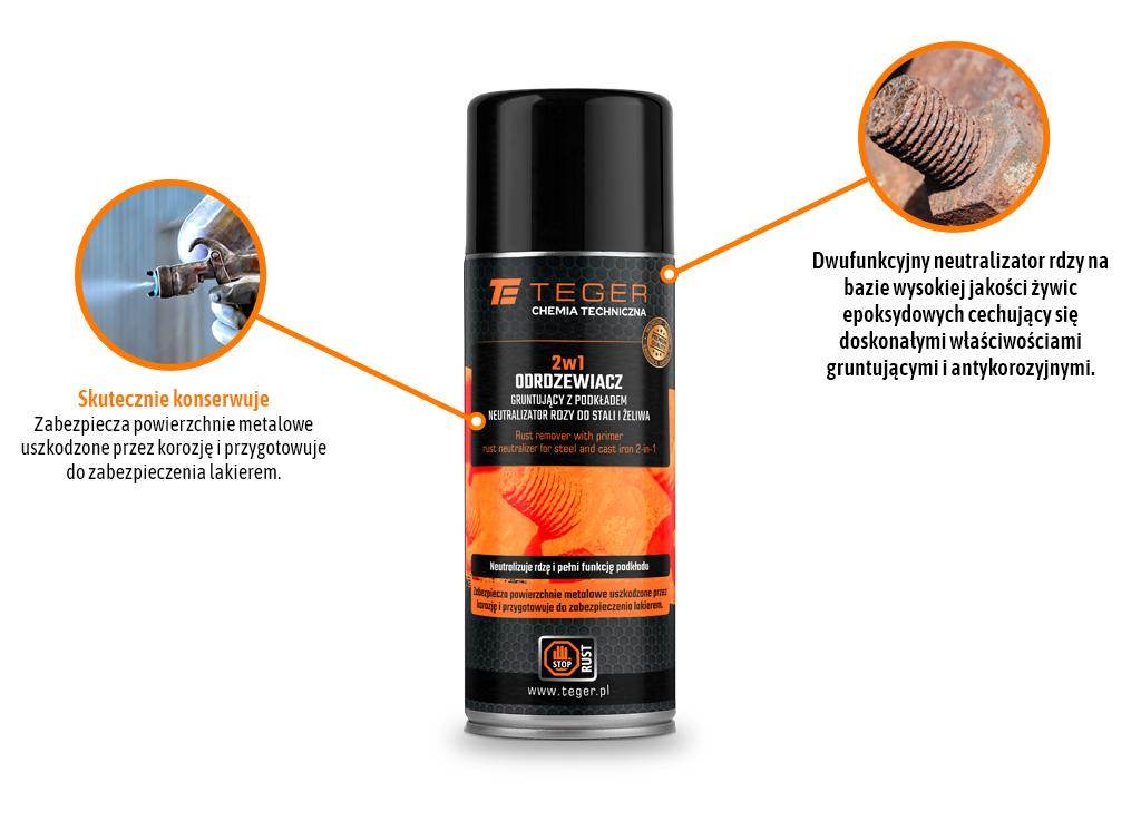 Odrdzewiacz gruntujący z podkładem - neutralizator rdzy do stali i żeliwa 2w1, 400ml, teger Odrdzewiacz gruntujący z podkładem - neutralizator rdzy do stali i żeliwa 2w1, 400ml, teger - obrazek 2