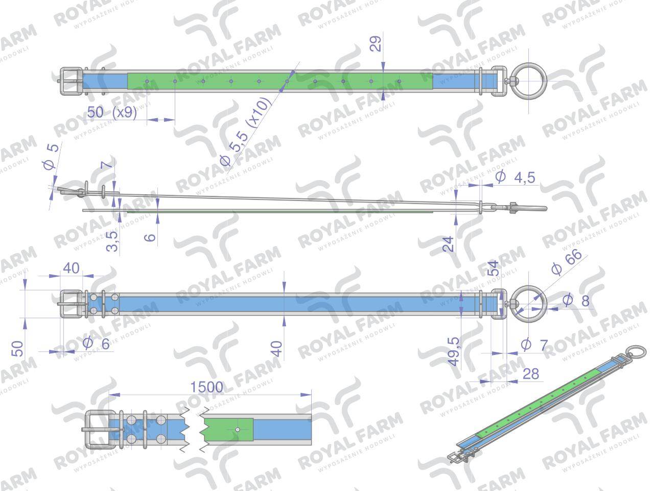 Obroża dla cieląt, 150 cm x 4 cm z okrętką 8mm, royal farm Obroża dla cieląt, 150 cm x 4 cm z okrętką 8mm, royal farm - obrazek 3