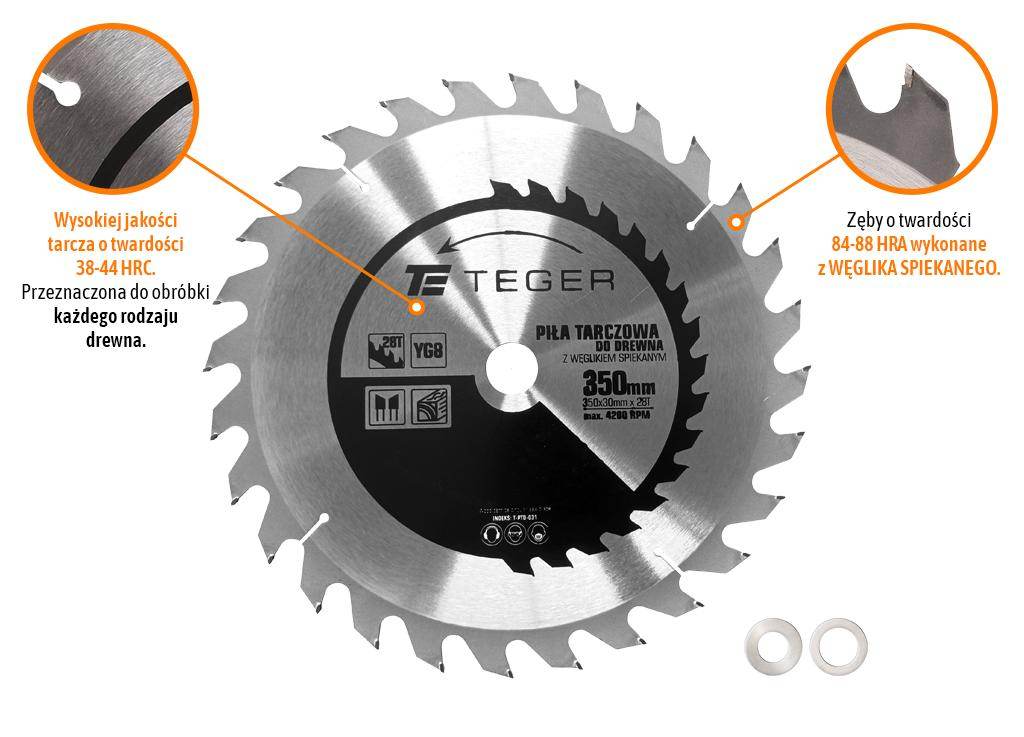 Piła tarczowa do drewna z węglikiem spiekanym 350x30x28t teger Piła tarczowa do drewna z węglikiem spiekanym 350x30x28t teger - obrazek 3
