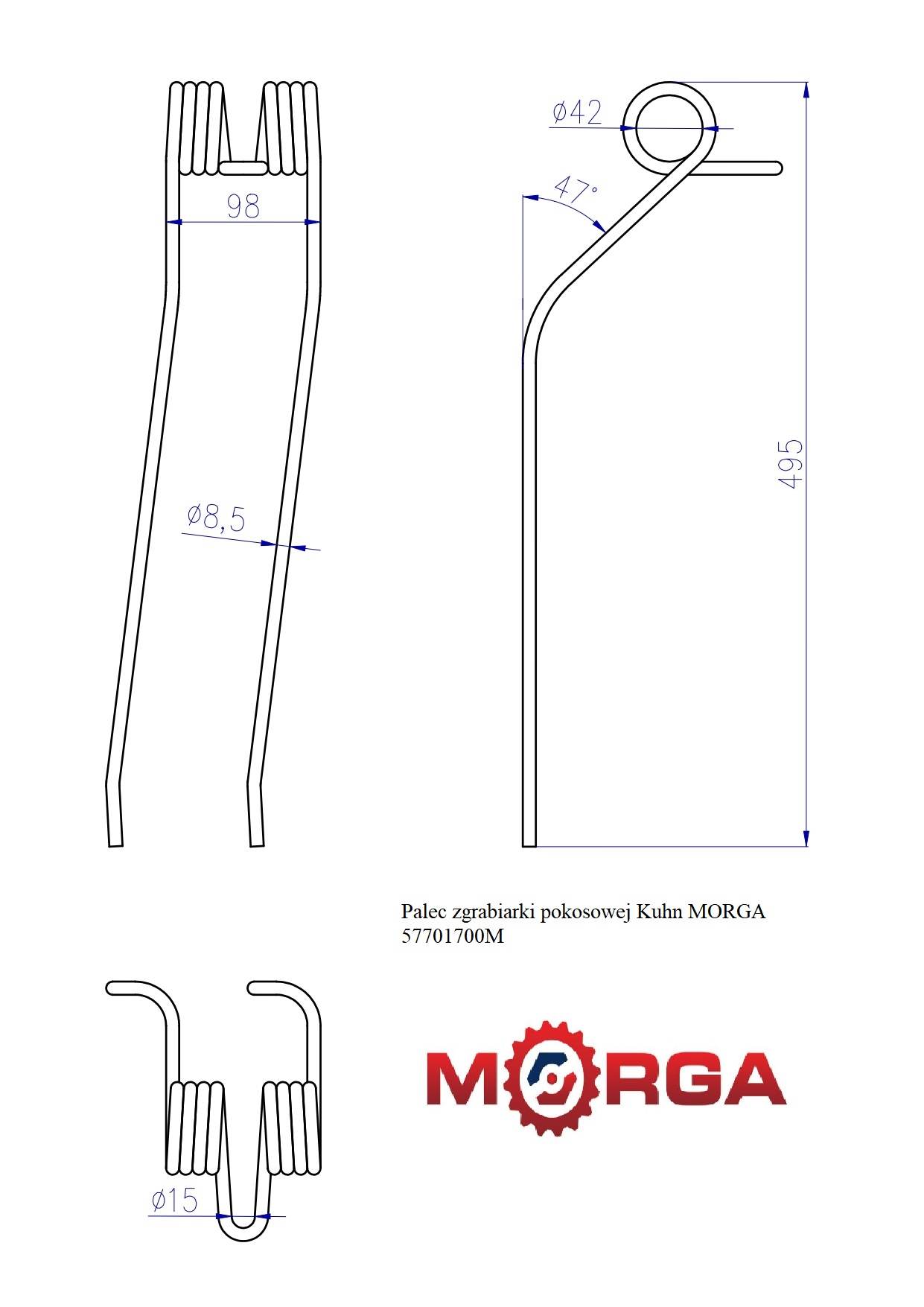 Palec Zgrabiarki Pokosowej 57701700 Kuhn Malowane Proszkowo Morga Palec Zgrabiarki Pokosowej 57701700 Kuhn Malowane Proszkowo Morga - obrazek 5